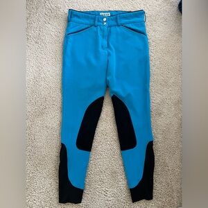 Dover Saddlery Breeches 26R Teal Blue With Black Knee Patch Sock Bottom